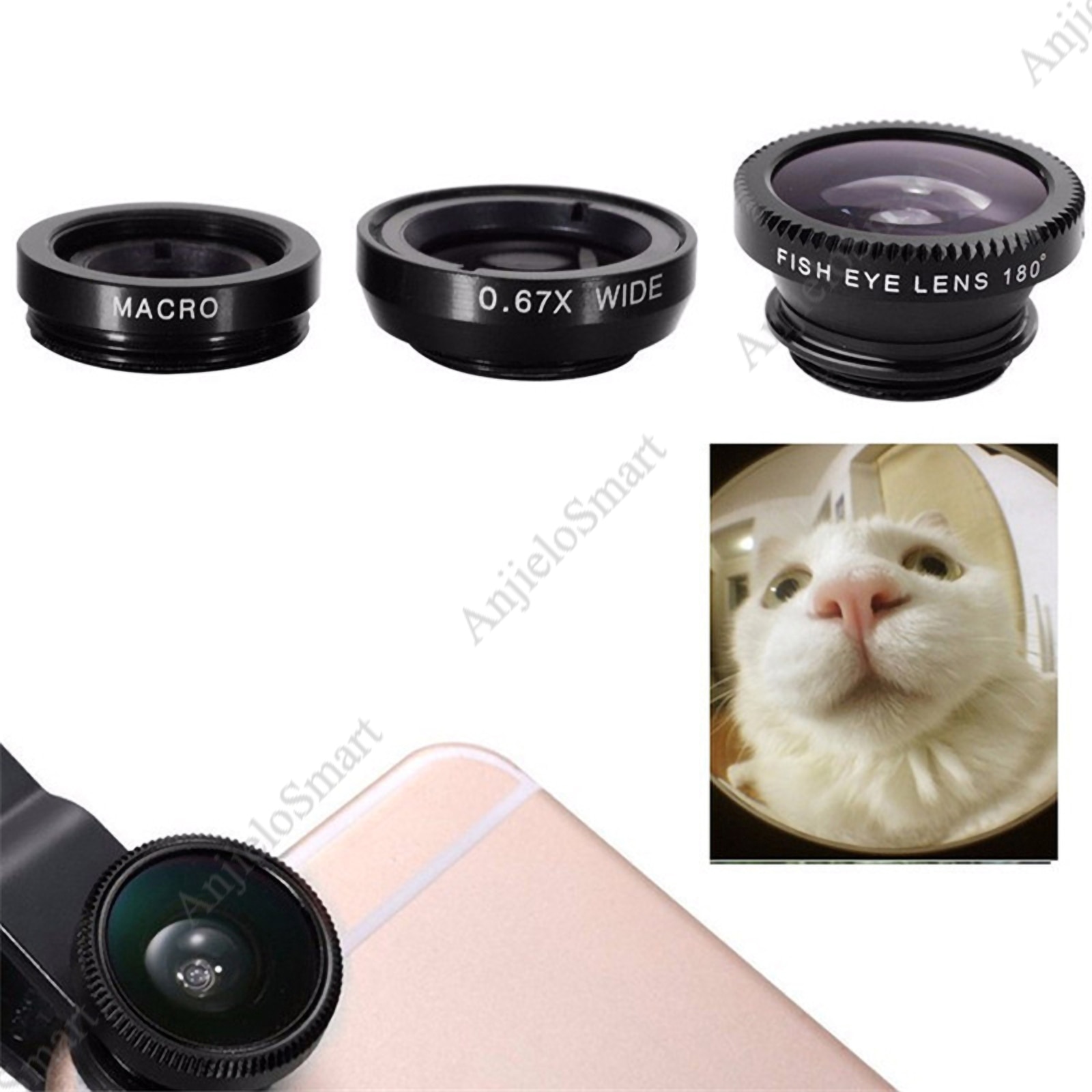 Anjielosmart Universal 3 in 1 Cell Phone Camera Lens Kit Wide Angle Macro Fisheye Lens for Smart Phones iphone