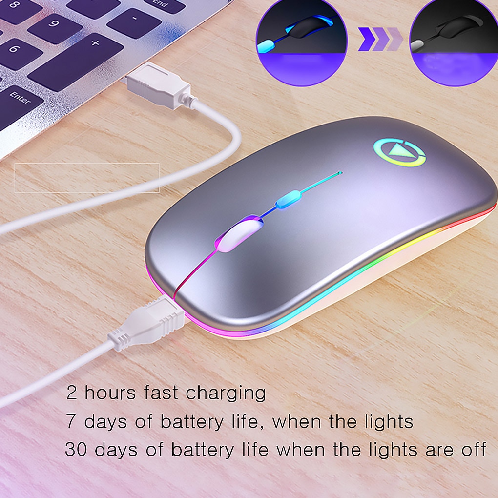 Ultra-thin LED Colorful Lights Rechargeable Mouse Mini Wireless Mute USB Optical Ergonomic Gaming Mouse Notebook Computer Mouse
