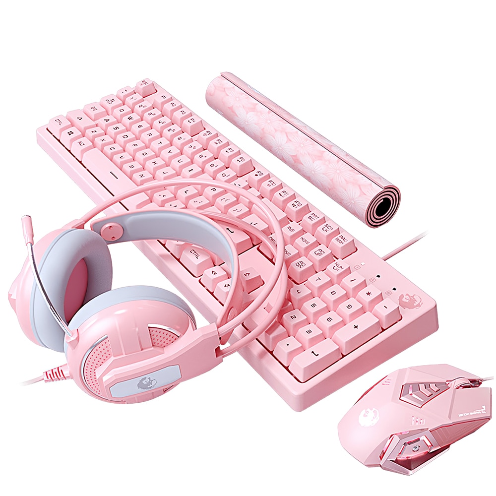 Mechanical Gaming Sets Keyboard Mouse Headset Combos Cute Pink Mechanical Teclado 3200 DPI Optical Mouse Headset for PC Gamer