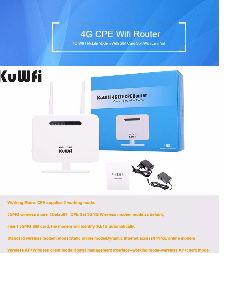 KuWFi Unlocked 4G LTE Router 300Mbps Wireless CPE Router&Wireless Modem AP LTE Router With SIM Card Solt 2*5Dbi External Antenna